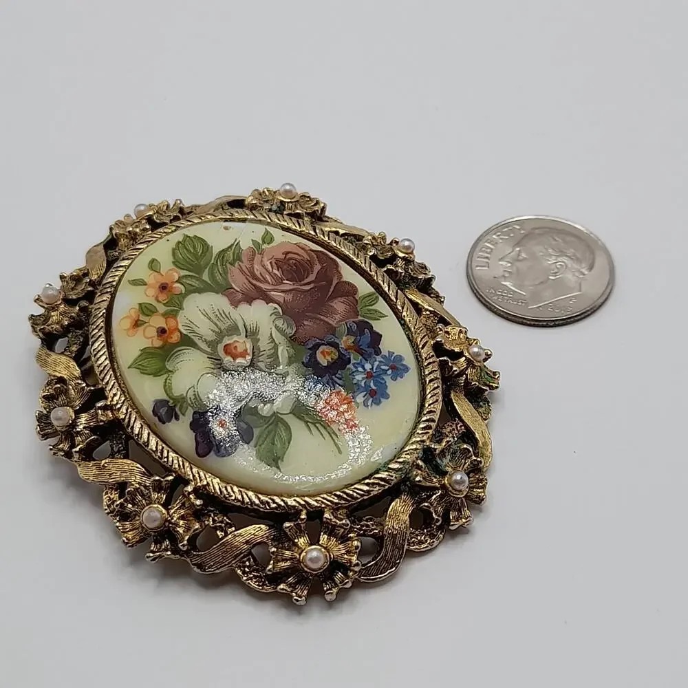 Vintage Porcelain Floral Brooch Pendant Combo, Faux Pearls, 2 1/4 Inches